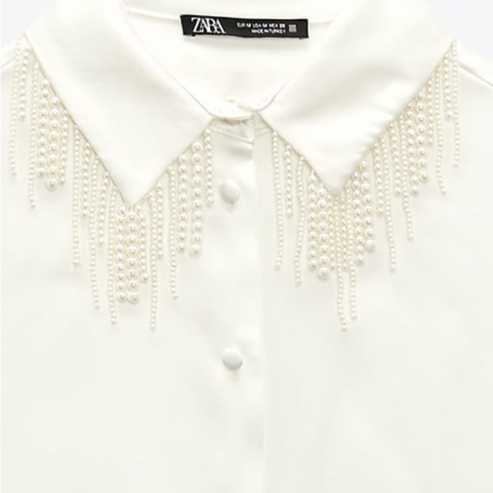 Zara satin shirt with pearl collar. Size medium.
